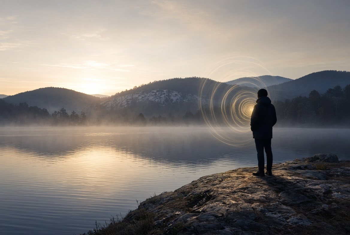 A figure standing at the edge of a still lake at dawn