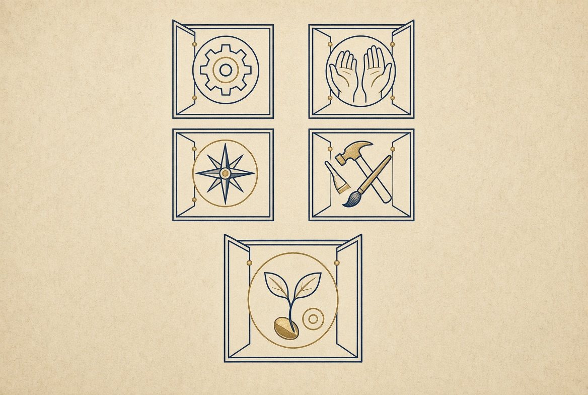 Five framed openings: a gear, open hands, a compass, tools, and a seed