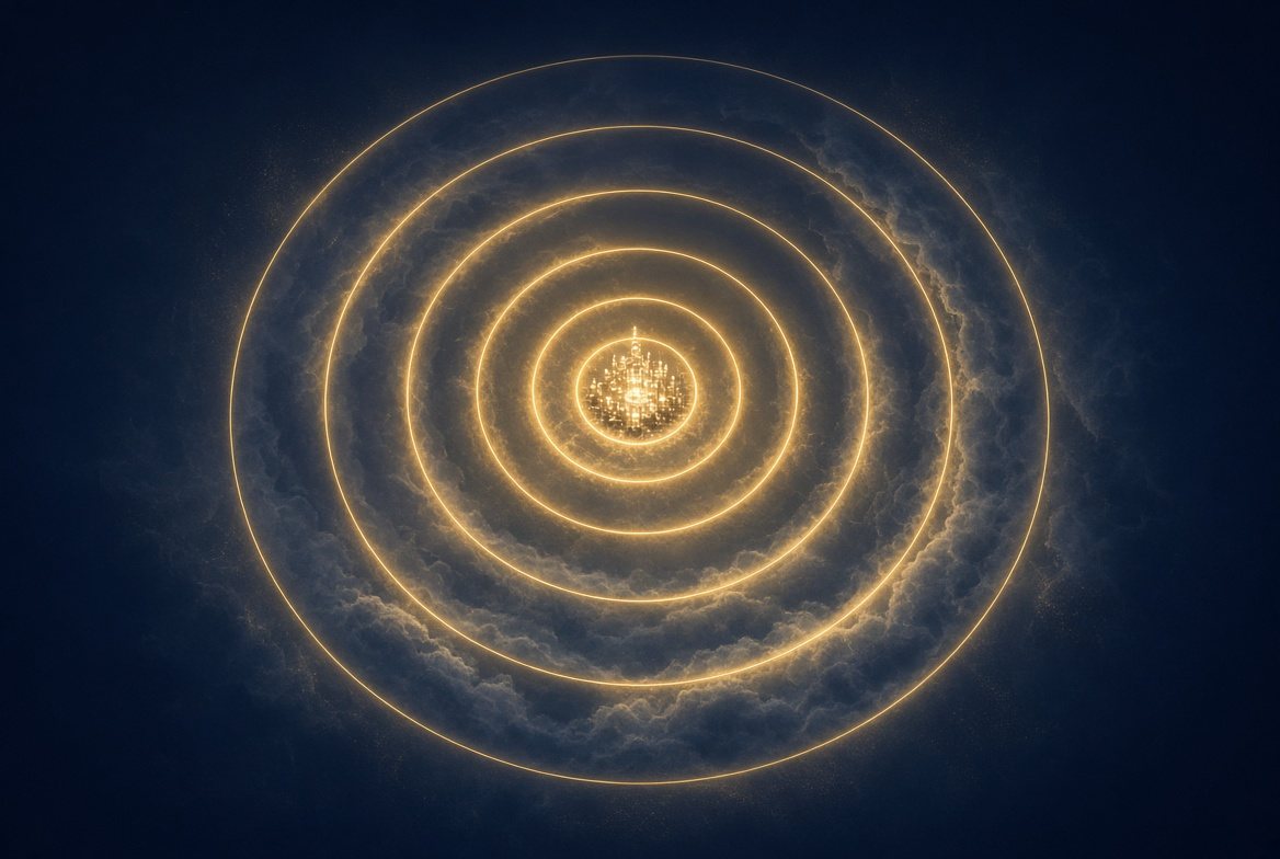 Five gold rings nested around a bright center